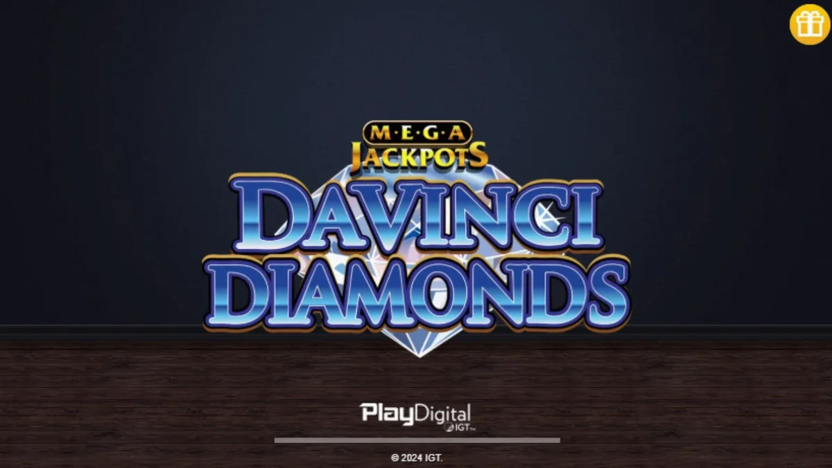 Interface do jogo Mega Jackpot DaVinci Diamonds com símbolos de arte e pedras preciosas